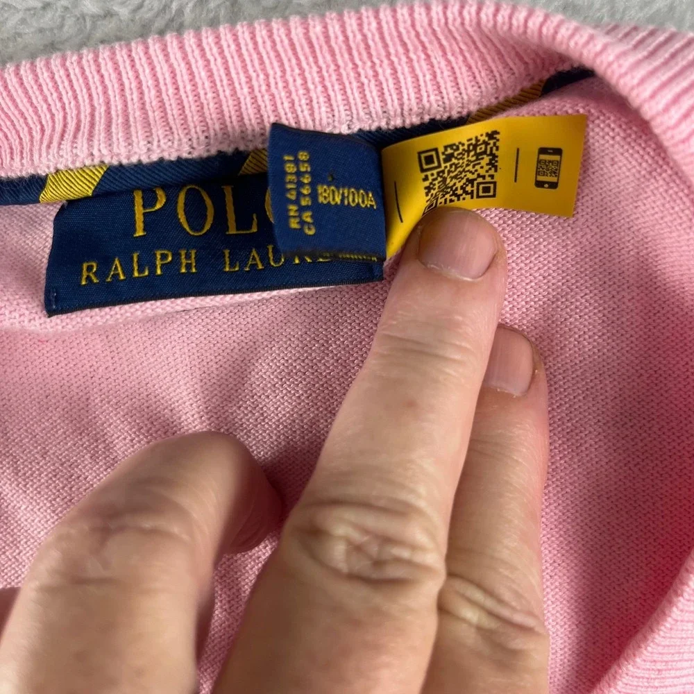 Polo Ralph Lauren Pink Pima Cotton V-Neck Sweater Mens Large Navy Pony Logo